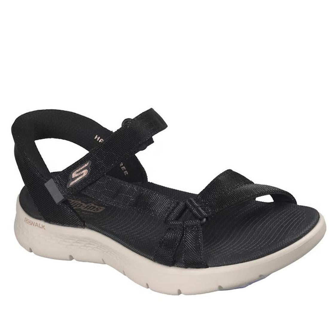 The Skechers Women’s Slip-Ins Sandals Go Walk Flex Sssophia in black feature adjustable straps and a white, contoured sole for walking comfort—perfect athletic sandals for all-day wear.