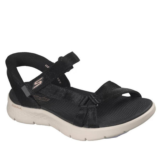 The Skechers Women’s Slip-Ins Sandals Go Walk Flex Sssophia in black feature adjustable straps and a white, contoured sole for walking comfort—perfect athletic sandals for all-day wear.