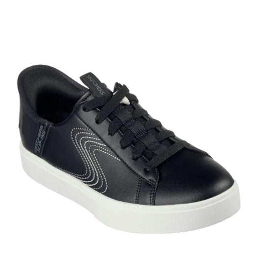 The Skechers Eden LX Royal Stride Black White Slip In Trainer features black uppers, black laces, white side stitching, a white rubber sole, padded collar, Air-Cooled Memory Foam comfort, and is shown angled slightly to the right.