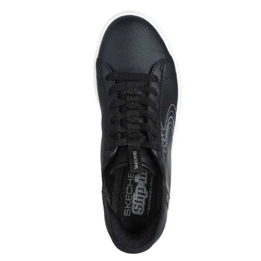 Top view of a Skechers Eden LX Royal Stride Black White Slip In Trainer with black laces, white stitching, and a white sole. Features Hands Free Slip-ins design and Air-Cooled Memory Foam. Brand name is on the insole and tongue., 38411, 38412, 19698931108