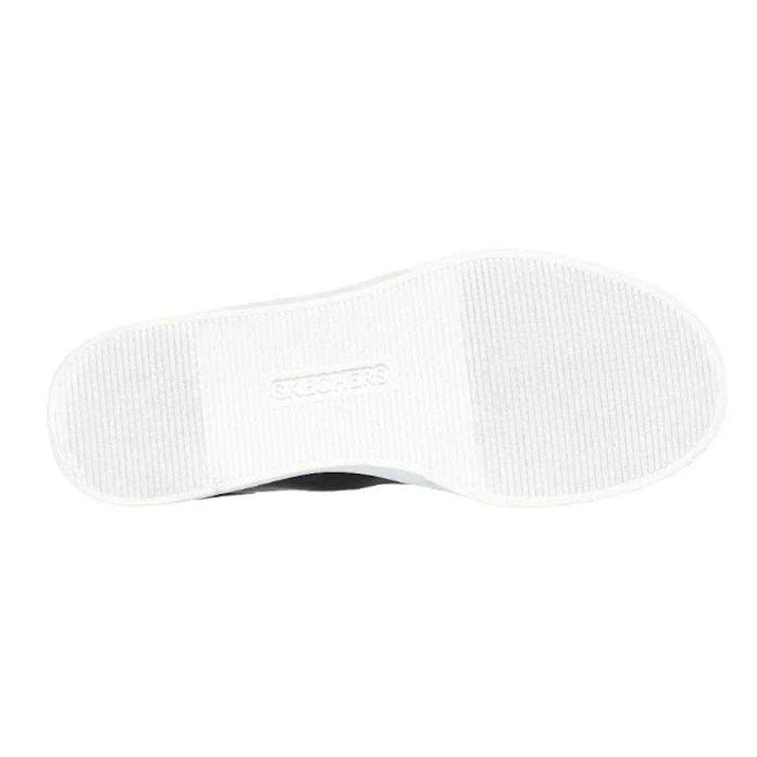 The image displays the white, textured sole of the Skechers Eden LX Royal Stride Black White Slip In Trainer, featuring “Skechers” embossed in the center and a lightly ribbed grip pattern, highlighting its clean look and Hands Free Slip-ins comfort., 3841