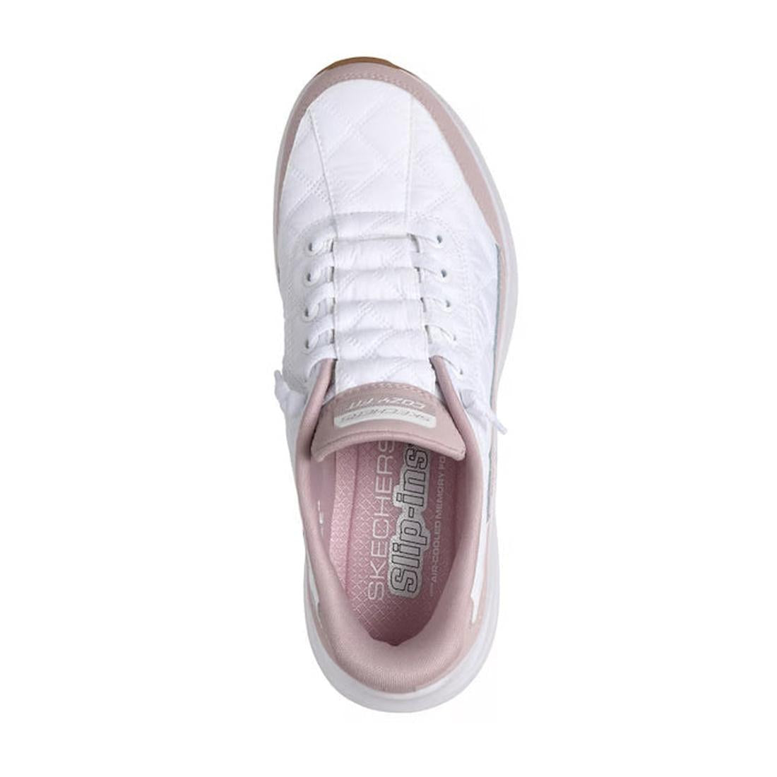 Top view of Skechers Womens Slip In Contour Foam Cozy Fit White Lavender Puffer Sneakers with light purple accents, white laces, and visible branding. Features Contour Foam for comfort. Displayed against a plain white background., 197976962132, 1979769621