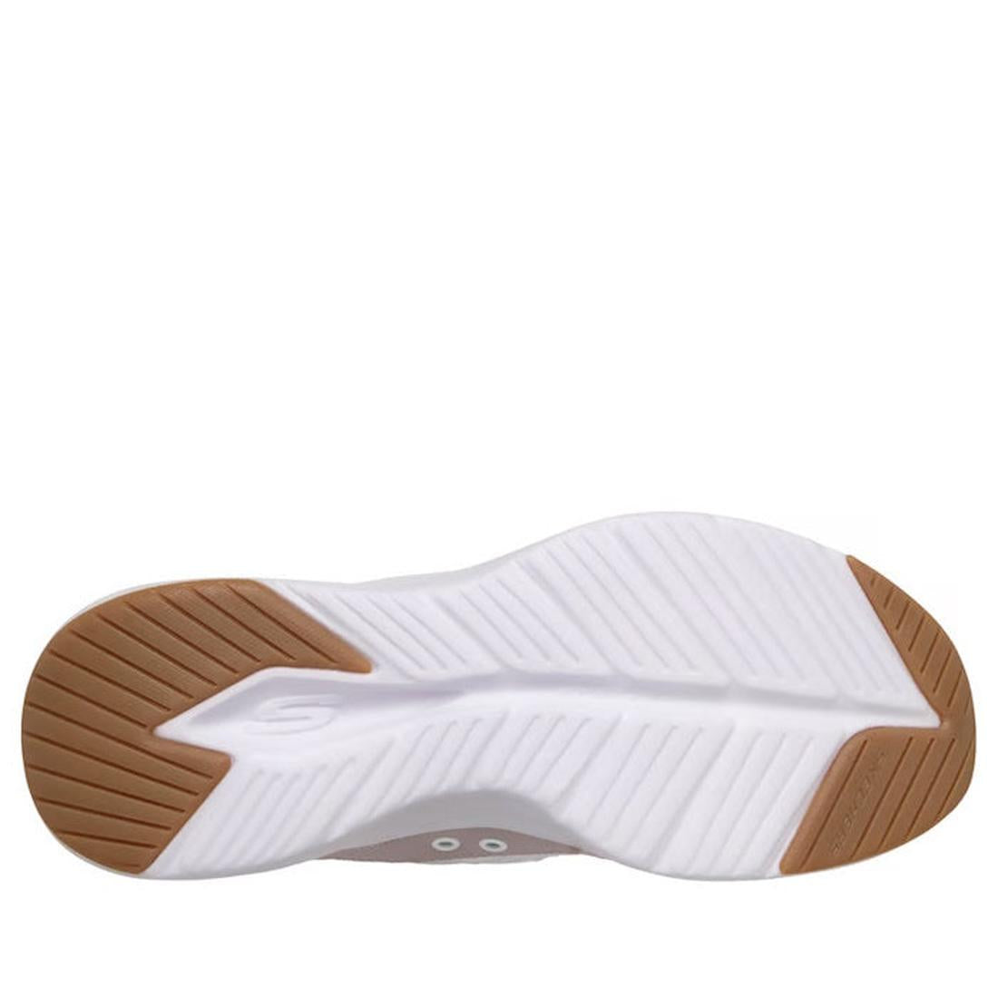 The image shows the bottom view of the Skechers Womens Slip In Contour Foam Cozy Fit White Lavender Puffer Sneakers, featuring a white sole with brown rubber traction on heel and toe areas, textured for grip and enhanced comfort., 197976962132, 1979769621