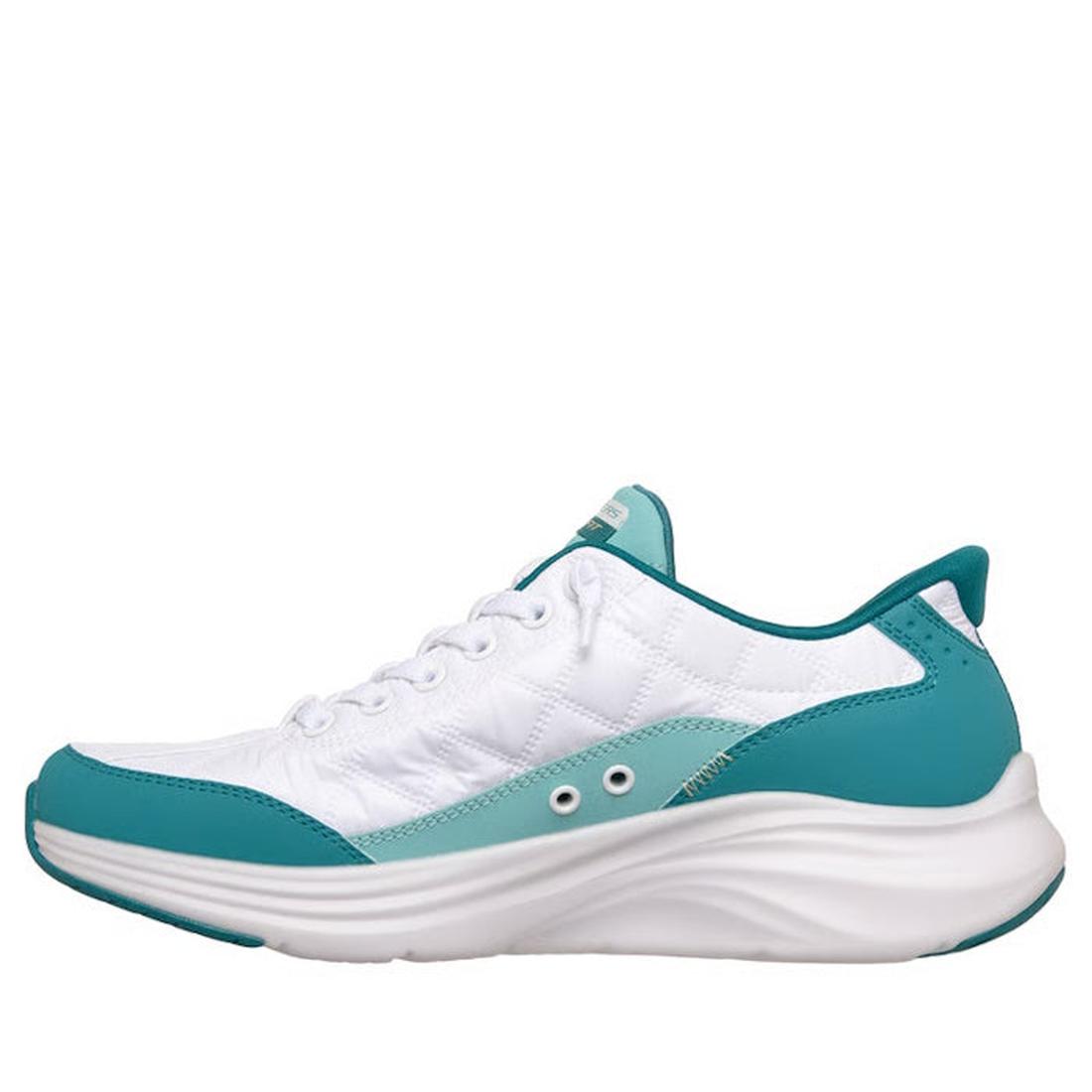 The Skechers Womens Slip In Contour Foam Cozy Fit in White Turquoise is a white sneaker with teal accents, a quilted texture, slip-in design, and thick curved sole featuring Air-Cooled Memory Foam for comfort and support., 48955, 197976962293, 48957, 1979