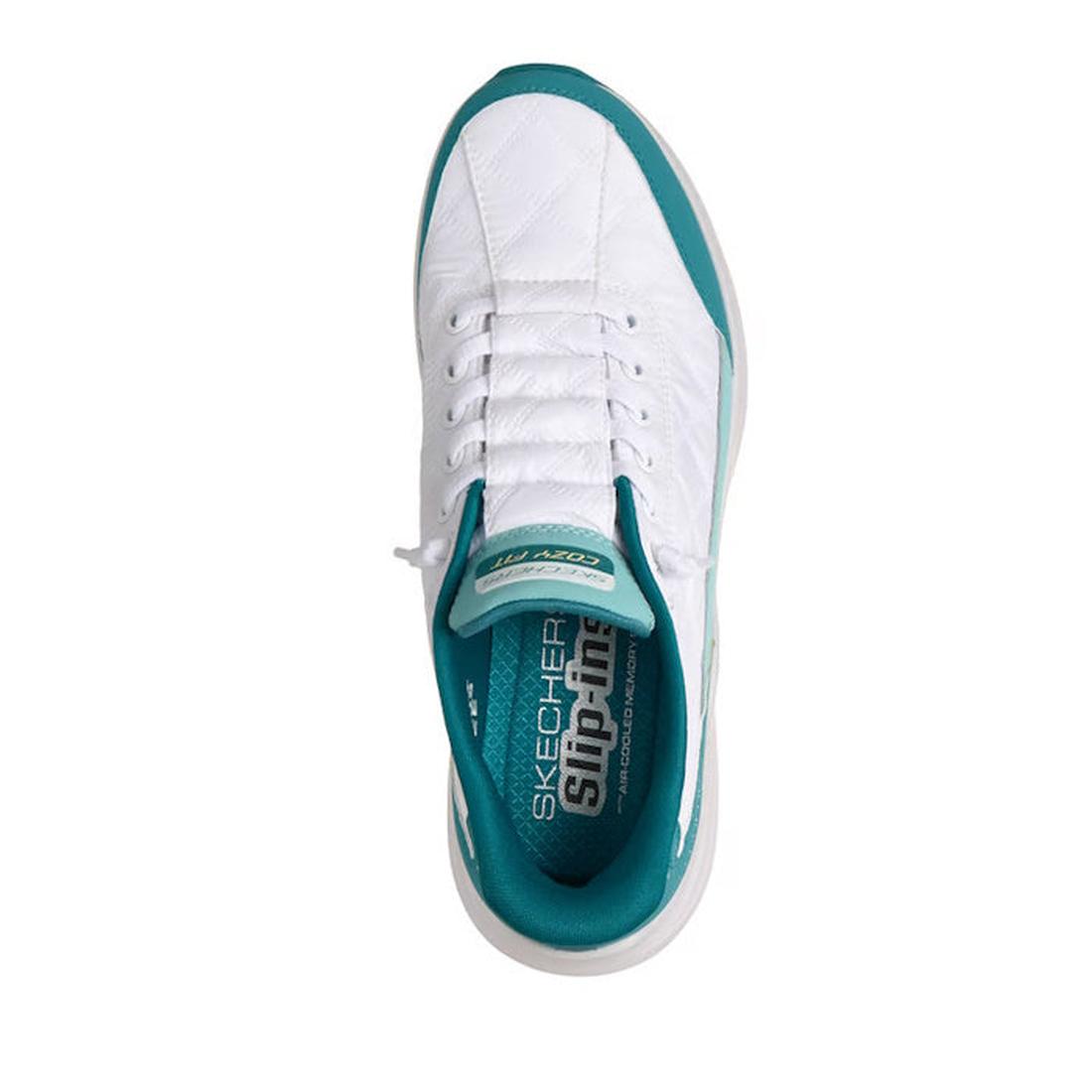 A white and turquoise Skechers Womens Slip In Contour Foam Cozy Fit shoe is seen from above, highlighting the top, laces, and branded insole with Contour Foam for cozy all-day comfort., 48955, 197976962293, 48957, 197976962316, 48959, 197976962330, 48961,