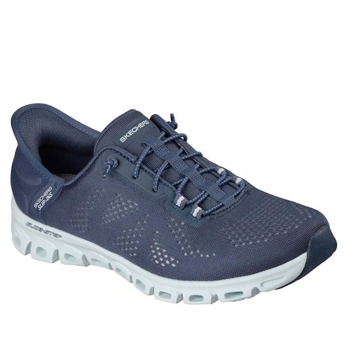 The Skechers Womens Slip In Glide Step Amore Navy WIDE WIDTH Trainer features a dark blue mesh upper, elastic laces, a white textured sole, Air-Cooled Memory Foam for comfort, and branding on the tongue and side.