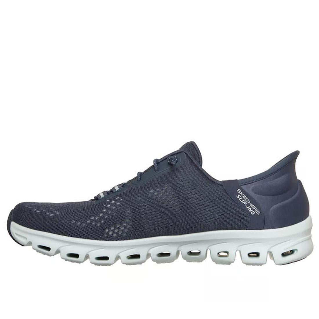 The Skechers Women's Slip-In Glide Step Amore Navy WIDE WIDTH Trainer features a mesh upper, white ventilated sole, Air-Cooled Memory Foam for comfort, and Hands Free Slip-ins branding near the heel. Left side view shown., 198739311068, 198739311082, 1987