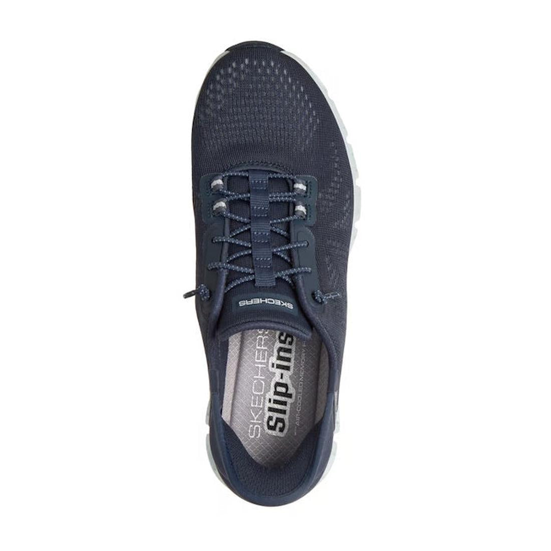 A top view of the Skechers Womens Slip In Glide Step Amore Navy WIDE WIDTH Trainer shows black and white laces, mesh upper, Air-Cooled Memory Foam insole, and a visible Skechers logo on the insole., 198739311068, 198739311082, 198739311105, 198739311129, 