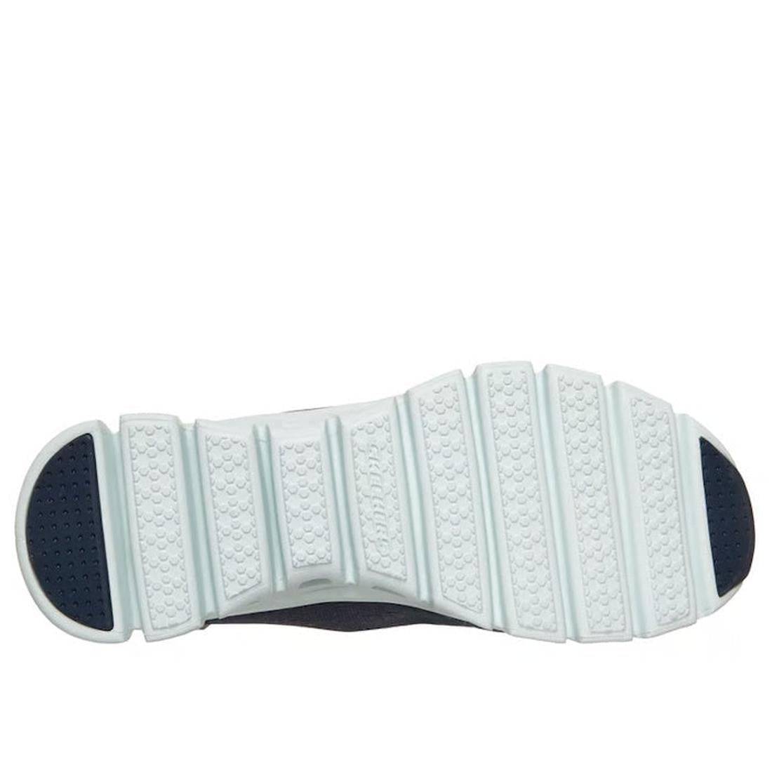 The image shows the bottom view of the Skechers Womens Slip In Glide Step Amore Navy WIDE WIDTH Trainer, highlighting its segmented white rubber sole with textured patterns and deep horizontal grooves for flexibility and grip., 198739311068, 198739311082,