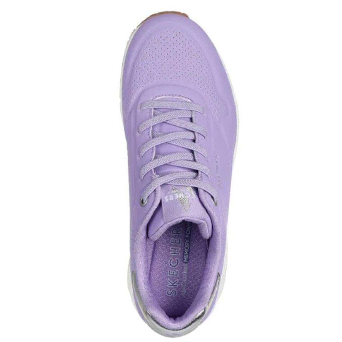 Top view of a single Skechers Uno Shimmer Away Lilac Trainer Pull On with laces, perforated toe details, Air-Cooled Memory Foam insole, and Skechers logo on the insole and tongue., 38381, 38382, 197627487144, 38384, 197627487168, 38386, 197627487182, 3838