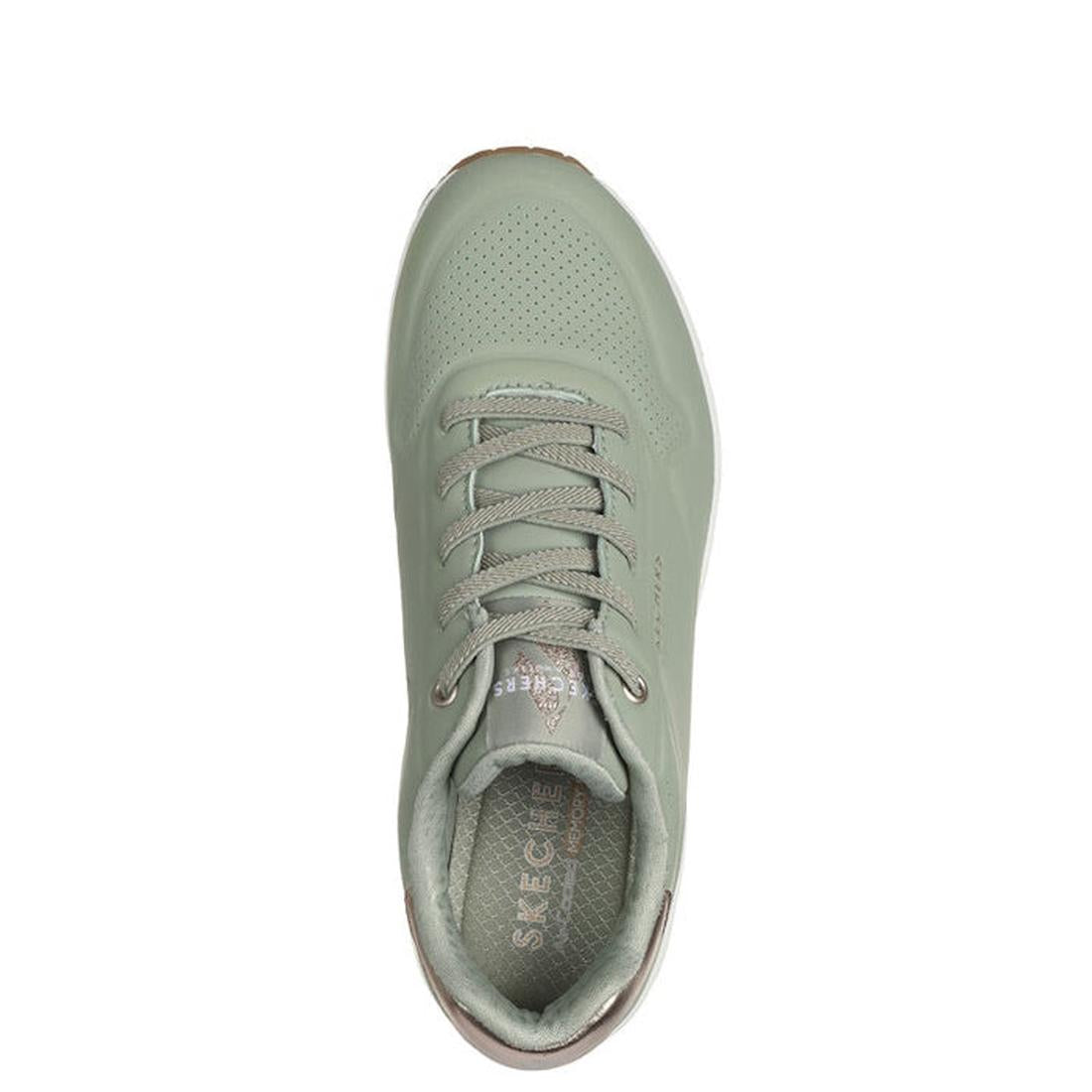 Top view of a single Skechers Uno Shimmer Away Sage Trainer Pull On with laces, perforated toe, Air-Cooled Memory Foam insole, and white sole, shown on a white background., 38391, 38392, 197627201382, 38394, 197627201405, 38396, 197627201429, 38398, 38399