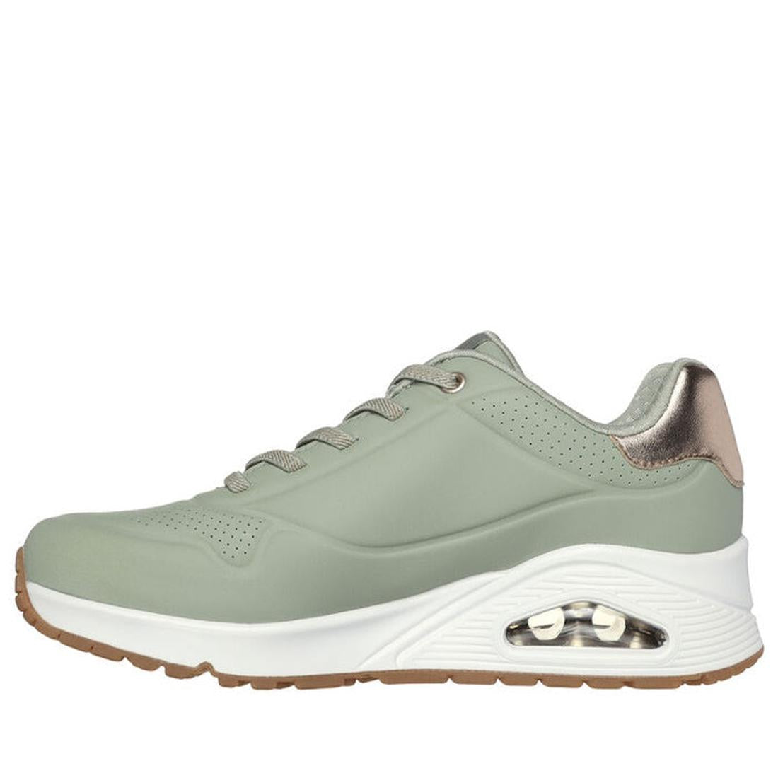The Skechers Uno Shimmer Away Sage Trainer Pull On is a light green athletic sneaker with a thick white sole, visible heel air cushion, light brown outsole, metallic heel accent, breathable perforations, and Air-Cooled Memory Foam comfort., 38391, 38392, 