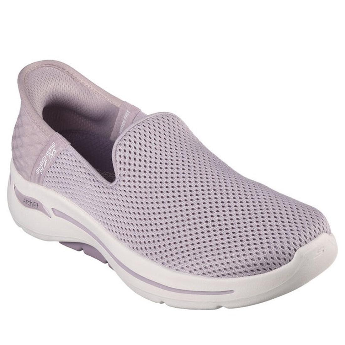 Skechers Go Walk Arch Fit Slip Ins Summer Views Mauve is a soft purple vegan slip-on with mesh upper, comfy arch support, and white sole.  ksnz