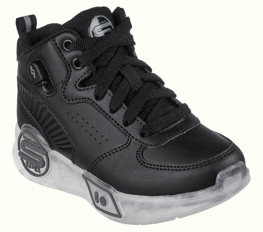 Skechers Kids S Lights Remix Black Light Up Street Boot has black laces, shiny accents, breathable details, and a light-up sole.  ksnz