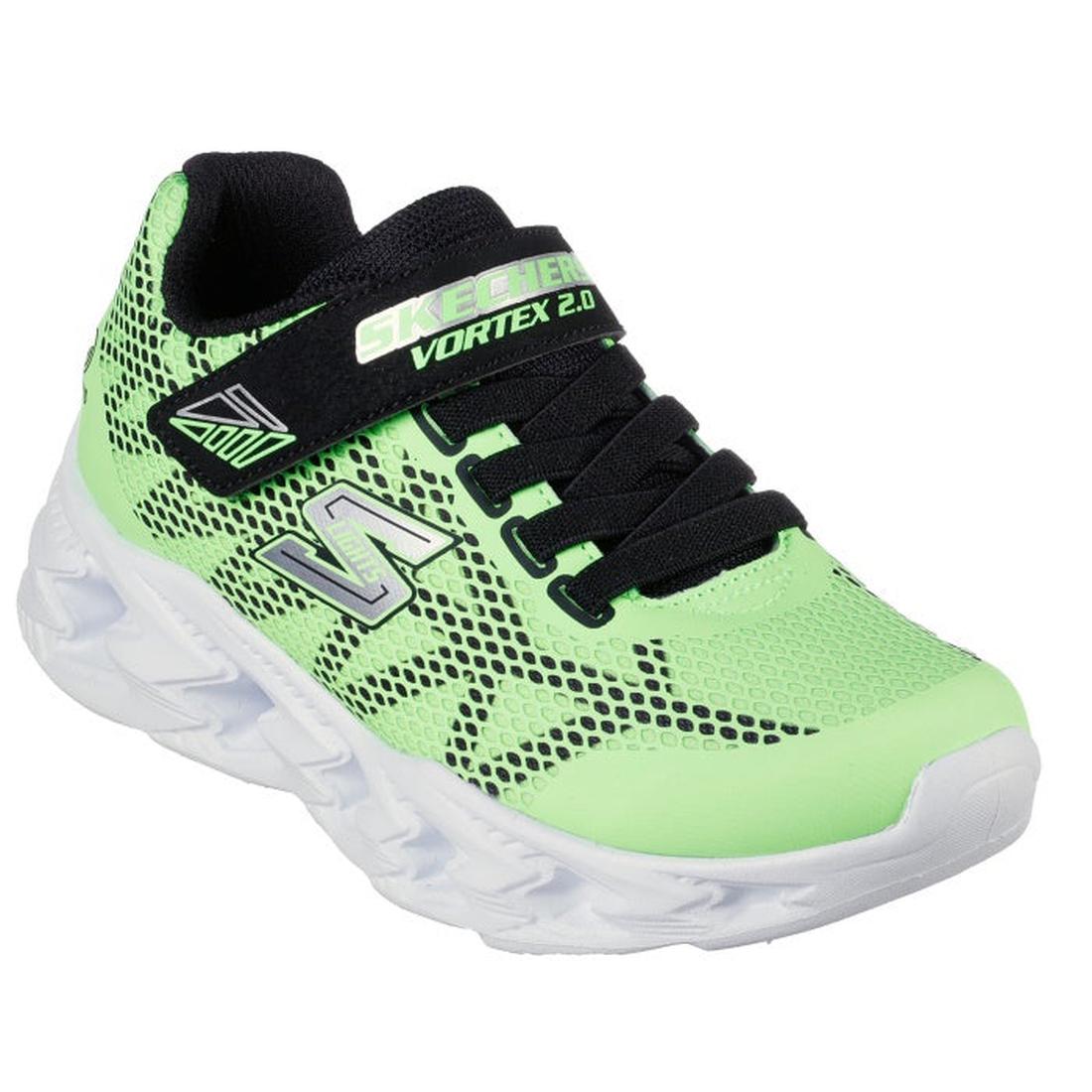 Skechers Vortex 2.0 Lime Black Boys Light Up Trainer: Neon green and black trainer with white sole, comfy mesh, lights, Velcro strap.  ksnz