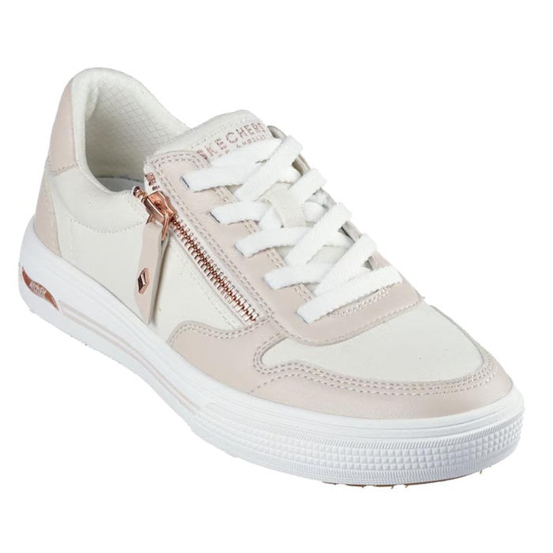 The right side and front view of a Skechers Arch Fit Arcade On The Fly Off White womens sneaker with a zipper detail and laces with a white sole on a white background. A mix of canvas and Synthetic leather upper.