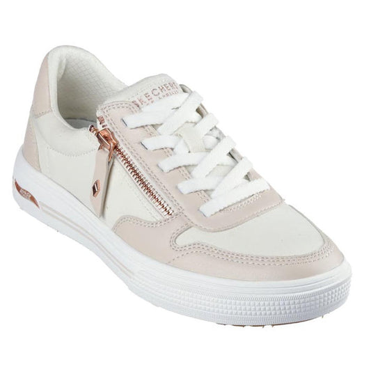 The right side and front view of a Skechers Arch Fit Arcade On The Fly Off White womens sneaker with a zipper detail and laces with a white sole on a white background. A mix of canvas and Synthetic leather upper.
