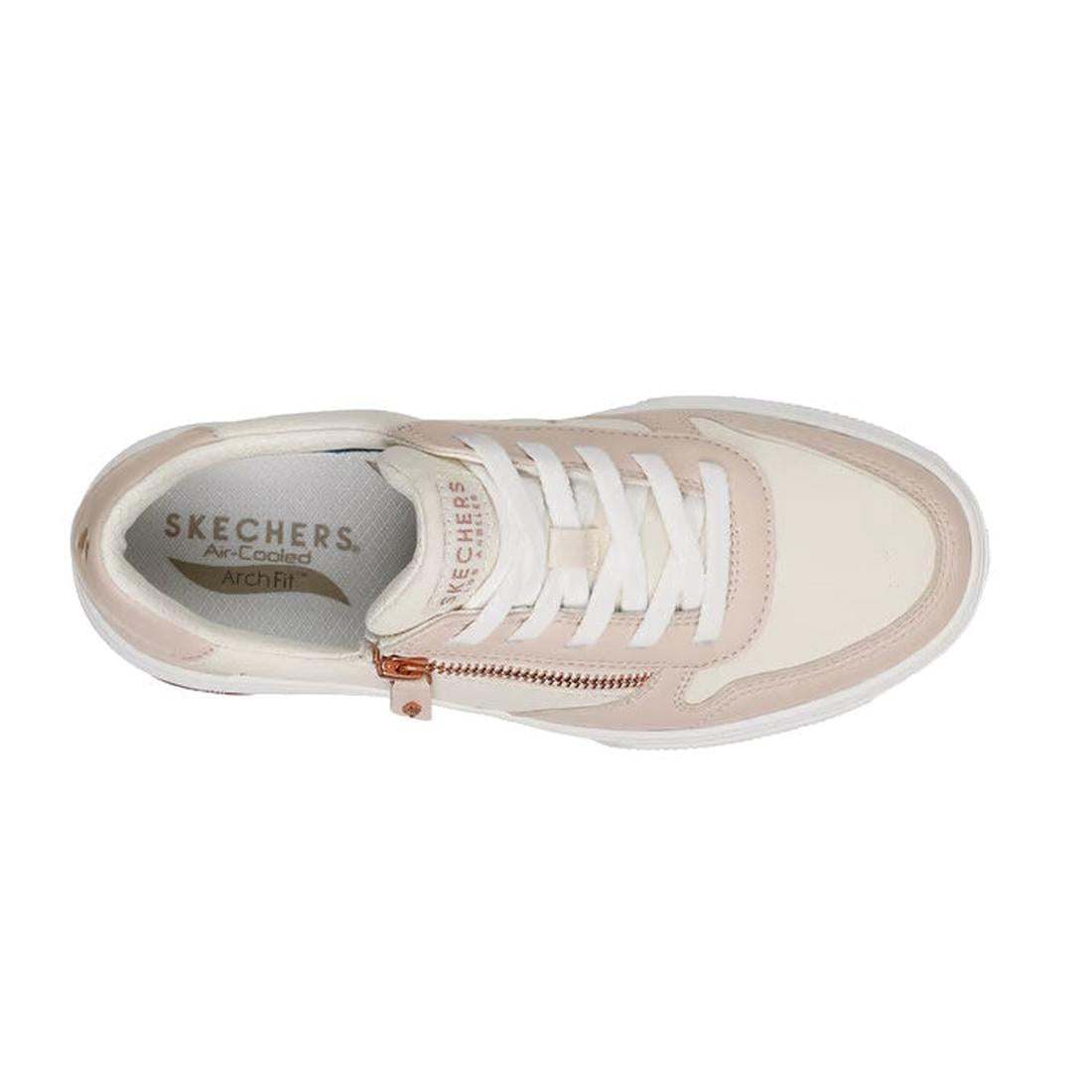 The top down view of the womens Skechers Arch Fit Arcade On The Fly Off White sneaker with a zipper on the outer side of the laces. Showing the shinner upper of synthetic and the balance in canvas on a white background.,
198739029079,
198739029093,
198739
