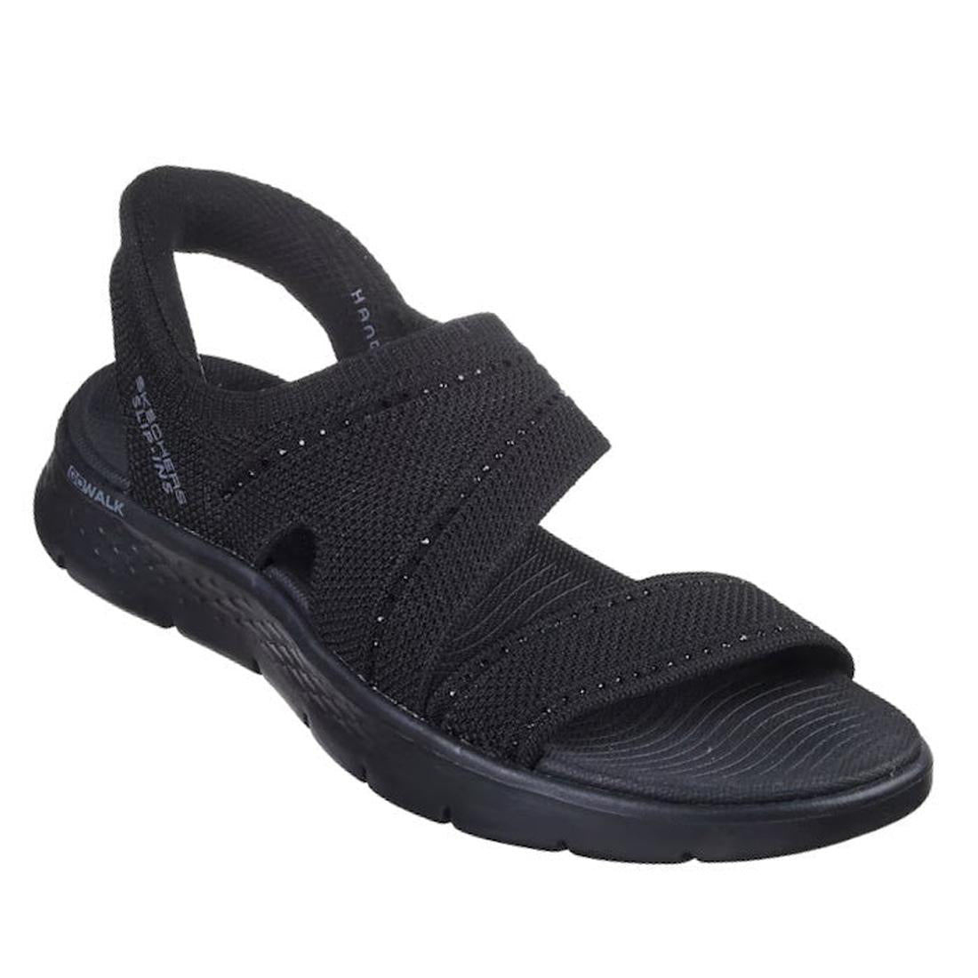 The Skechers Womens Slip Ins Sandals Go Walk Flex Belle Black features a black open-toe vegan design, two wide crisscross fabric straps, textured sole, and offers comfort and style for casual wear.