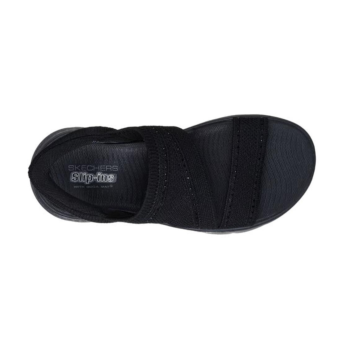 Top view of the Skechers Womens Slip Ins Sandals Go Walk Flex Belle Black, featuring two wide fabric straps, cushioned vegan insole, and easy hands-free wear with the brand name and Slip-ins label printed on the heel., 48126, 48127, 198376904326, 48129, 1