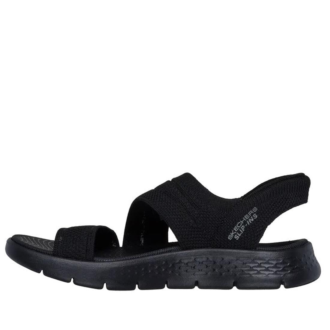 Right foot, inner foot view of a Skechers Enticing Slip In  in Black sandal with 'Skechers' branding on a white background. Showing the heel strap, padded sole and straps over the top of the foot and toes.,
197627456614,
197627456621,
197627456638,
197627