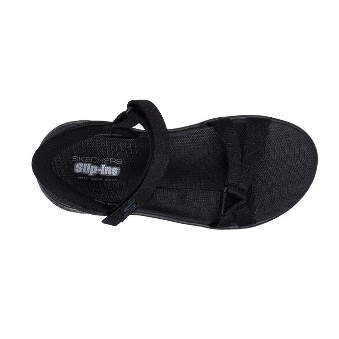 Top down view of Skechers Illuminate Slip InBlack sandal with 'Skechers' branding on a white background. Show straps over the top of the foot & toes.,
197627456096,
197627456102,
197627456119,, 46114, 46115, 197627456096, 46117, 197627456102, 46119, 19762