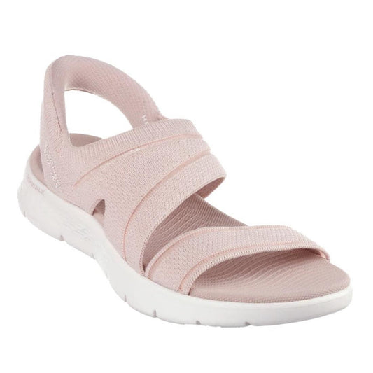 The Skechers Womens Slip Ins Sandals Go Walk Flex Enticing in blush pink feature three fabric straps, a back strap, a thick white sole, open toe design, Goga Mat cushioned footbed, and Hands Free Slip-ins convenience.