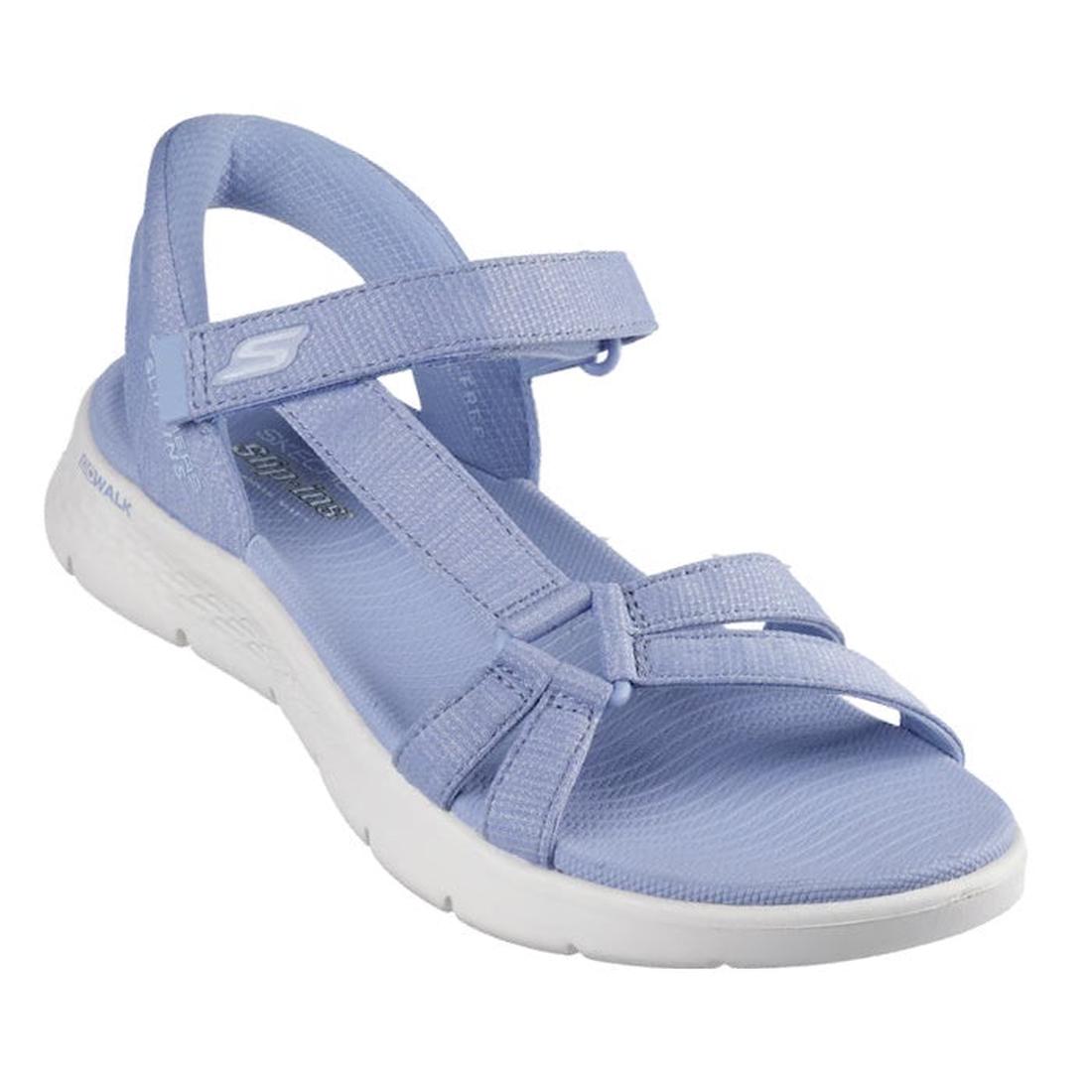Light periwinkle blue Skechers slip in Illuminate sandal with rigid heel but padded heel strap that allows the foot to slip in. Velcro adjustable strap over the top of the foot, thin strap on the outer foot that attachs to the double straps over the toe  