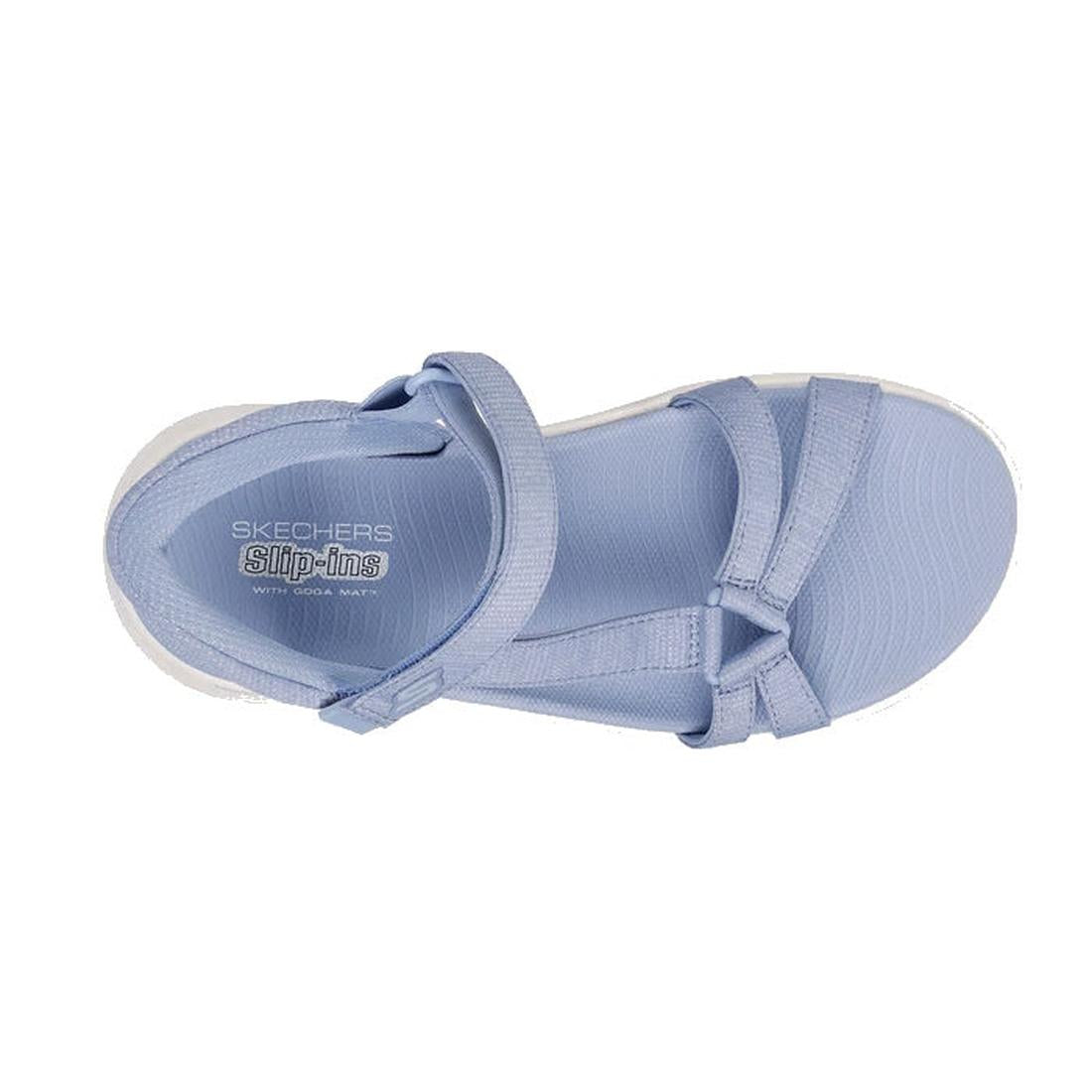 Top down view of Skechers Illuminate Slip In Light blue sandal with 'Skechers' branding on a white background. Show straps over the top of the foot & toes.,
198739039092,
198739039108,
198739039115,, 46125, 46126, 198739039092, 46128, 198739039108, 46130,