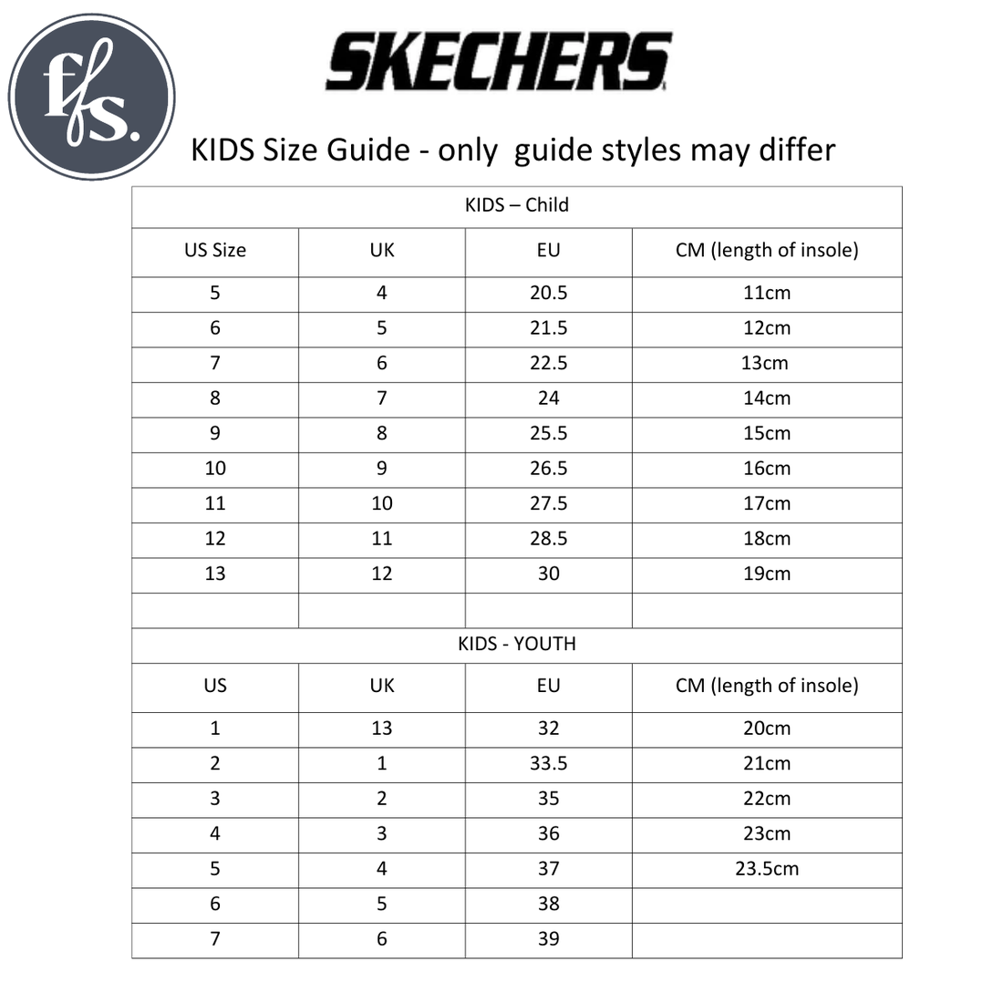 The Skechers Toddlers Go Run Elevate 2.0 Where's My Skechers Navy Trainer size guide includes US, UK, EU sizes and insole lengths (cm), covering kids’ 5–13 and youth 1–7 for a perfect fit., 49256, 198739630312, 198739630329, 198739630336, 49240, 198739630