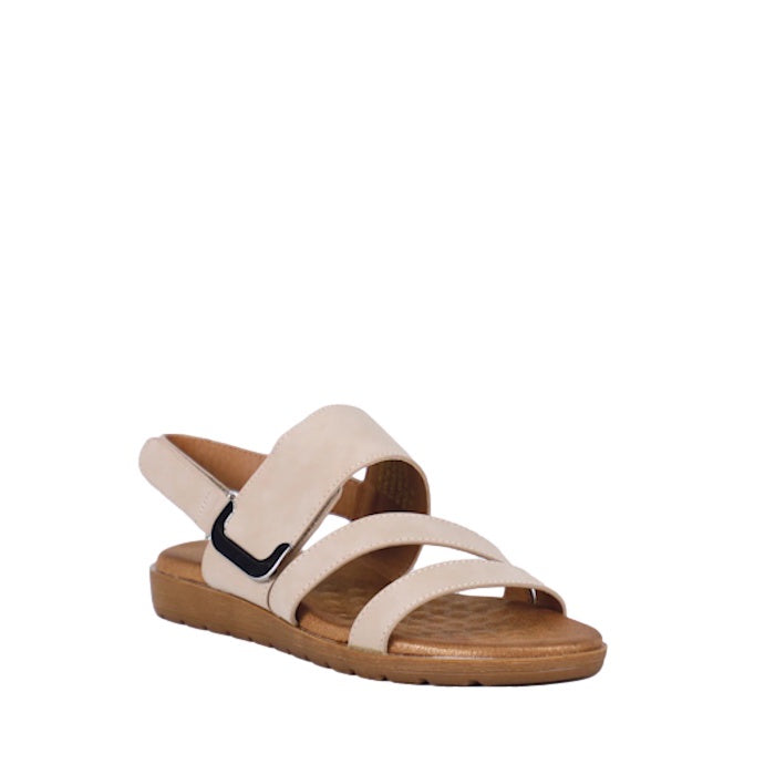 Introducing the Soultbush Flinders Beige Women’s Sandal with Back Strap: This sandal features a three-strap design in beige, an open toe, and a slingback heel. The tan cushioned sole ensures enhanced comfort. One strap includes a small black buckle accent