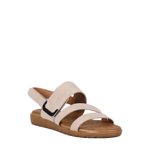 Introducing the Soultbush Flinders Beige Women’s Sandal with Back Strap: This sandal features a three-strap design in beige, an open toe, and a slingback heel. The tan cushioned sole ensures enhanced comfort. One strap includes a small black buckle accent