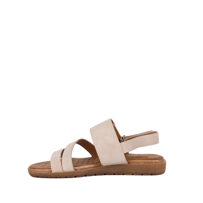 The Soultbush Flinders Beige Women’s Sandal with Back Strap features a synthetic upper, two front straps, an ankle strap with a side zipper, and a cushioned footbed with a brown sole, displayed on a white background.