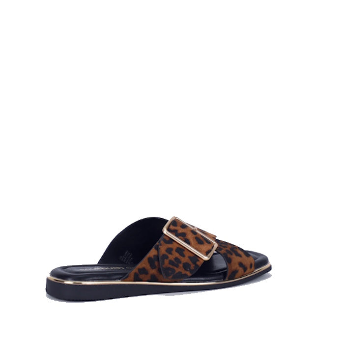 Step out in style with the Soultbush Luca Leopard Womens Sandal Slide—a chic flat slide sandal featuring a bold leopard print strap, oversized gold buckle, sleek black sole, and metallic trim around the edge. These fashionable summer sandals are the perfe
