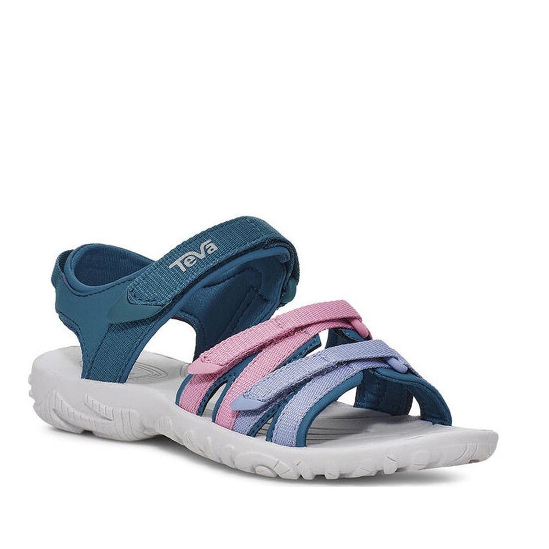The Teva Girls Active Sandal K Tirra BLUE CORAL MULTI features quick-dry webbing, a white textured sole, teal ankle strap with Teva branding, three front straps in teal, pink, and lavender, plus a closed heel and open toe.