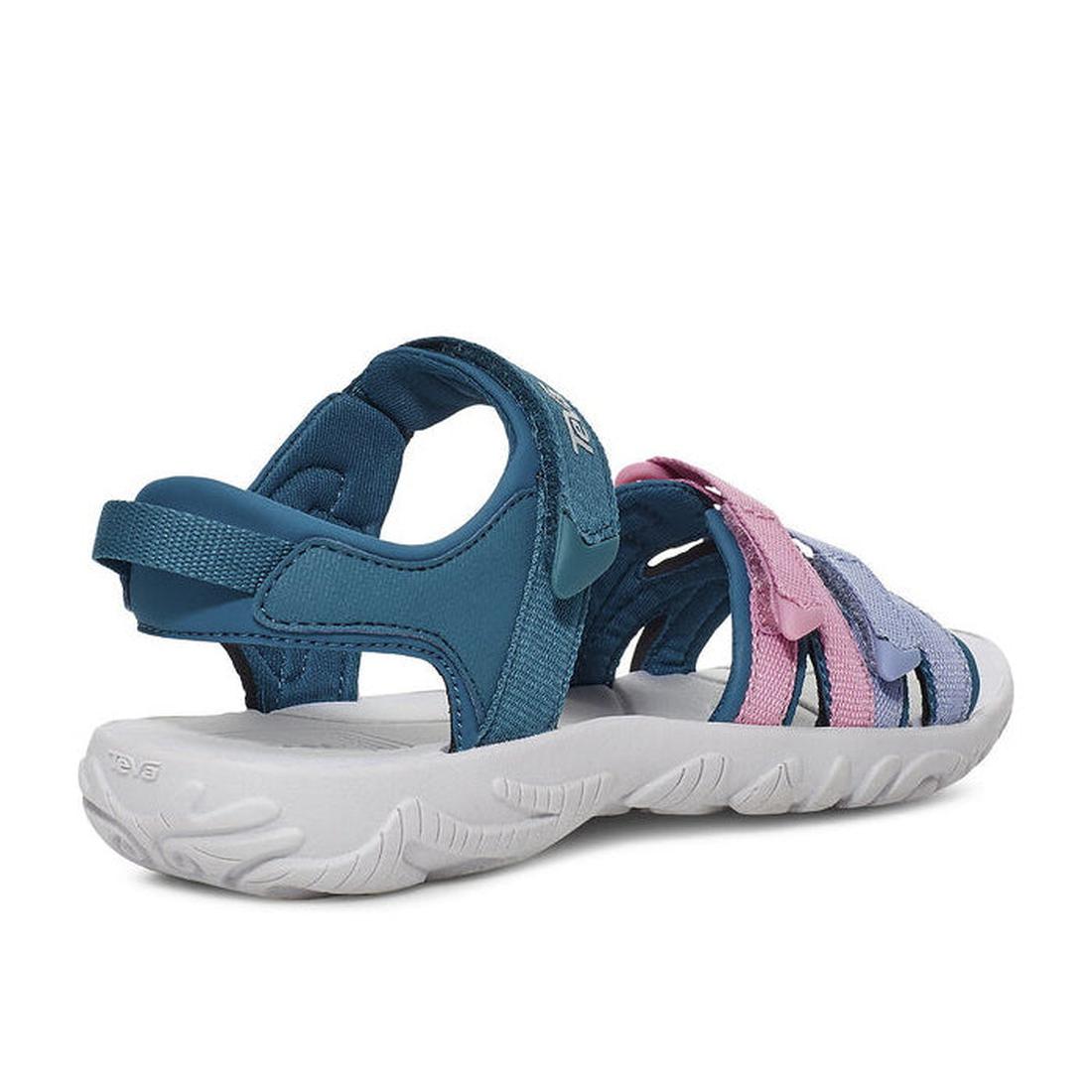 The Teva Girls Active Sandal K Tirra in BLUE CORAL MULTI features quick-dry blue, purple, and pink webbing straps, a white sole, adjustable support, and an open heel—shown from the back and side., 195719341190, 195719341206, 195719341213, 195719341251, 19