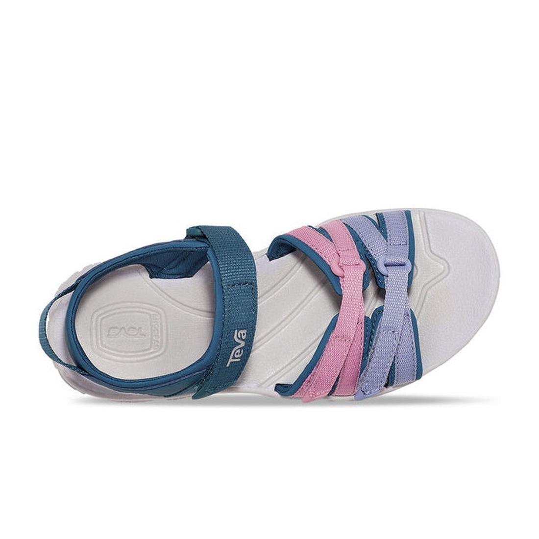 Top view of the Teva Girls Active Sandal K Tirra BLUE CORAL MULTI, featuring a white sole, quick-dry multicolor straps in blue, pink, and purple, closed heel, open toe, Velcro Teva strap, and made from recycled plastic for eco-friendly style., 19571934119