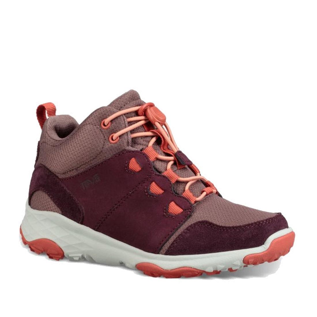 Teva Kids K Arrowood 2 Mid Waterproof Boot in plum, a comfy, durable hiking shoe with coral laces and rugged sole for active kids.  ksnz