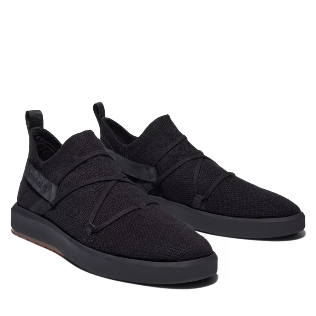 Timberland Mens TrueCloud EK+ SlipOn in black canvas, easy slip-on with comfy knit, crisscross bands, and durable black soles.  ksnz