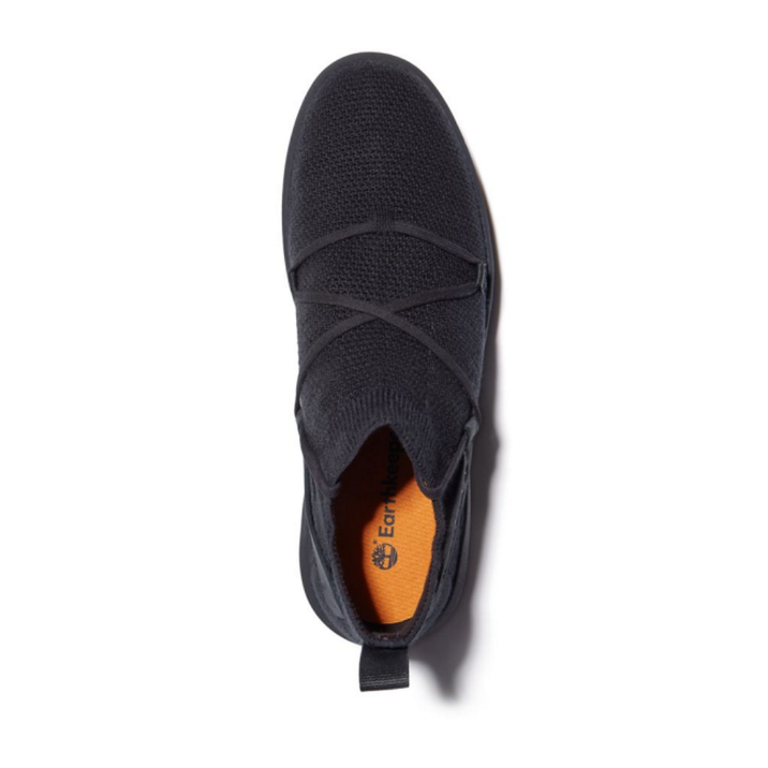 Timberland Mens TrueCloud EK+ SlipOn in black: comfy, lightweight knit slip-on with elastic bands, orange insole, and easy heel tab.  ksnz