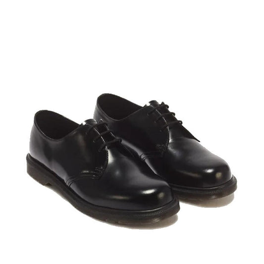 A pair of Dr Martens Mayfare Polished Smooth Leather Shoes Oxford 3 Eye in black, featuring shiny, polished leather uppers with rounded toes, low heels, lace-up design, and Goodyear welted construction, positioned on a white background.