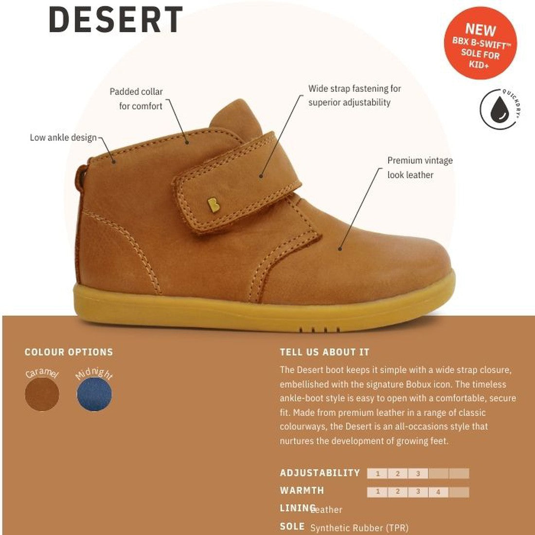 Bobux Step Up Desert Boot Caramel 724820A: cozy tan leather boot, easy wide strap, soft collar, B-Swift sole—ideal for little walkers.  ksnz, 9420062056301, 9420062056318, 9420062056325