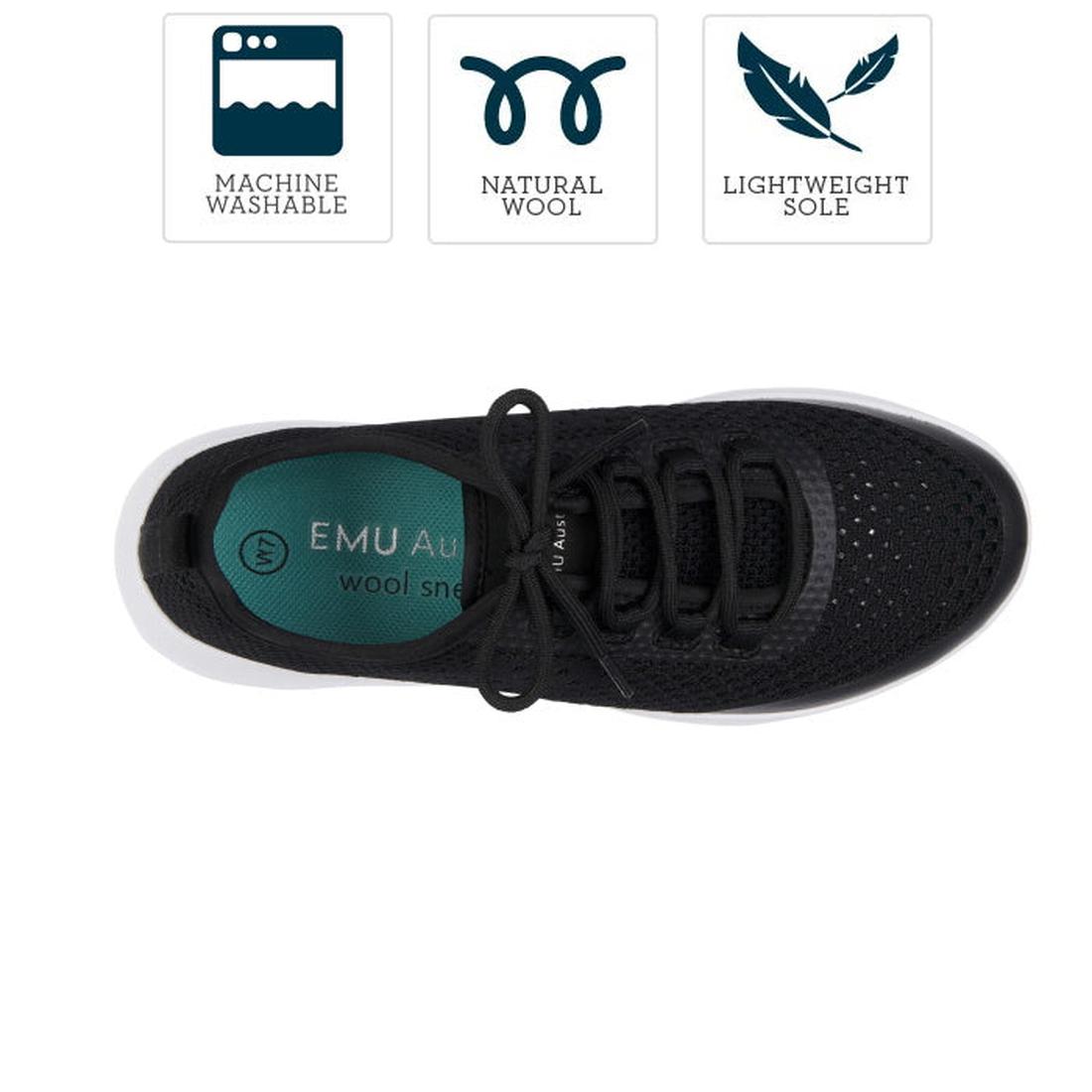 Emu - Women's Miki Knitted Wool Sneakers in classic black, showing lace-up style, comfy white sole, machine washable, summer-ready.  ksnz
