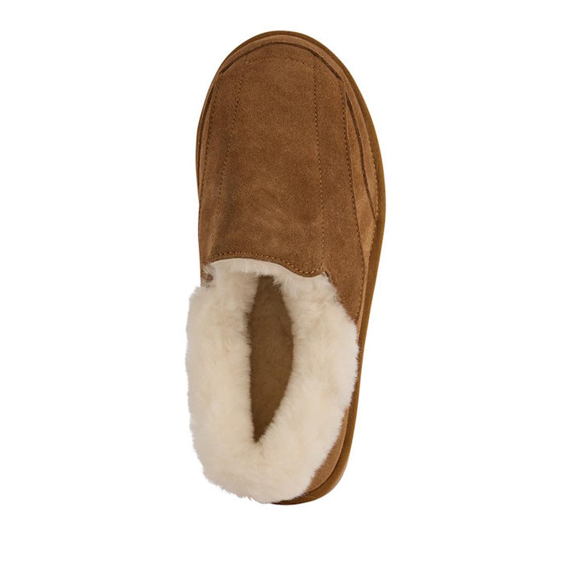The EMU FlexiCare Wide Opening Sheepskin Slippers in Chestnut feature a brown suede upper, plush white fleece lining, and a tan rubber sole, shown from above on a white background., 9330071990957, 9330071990964, 9330071990971, 9330071990988, 9330071990995
