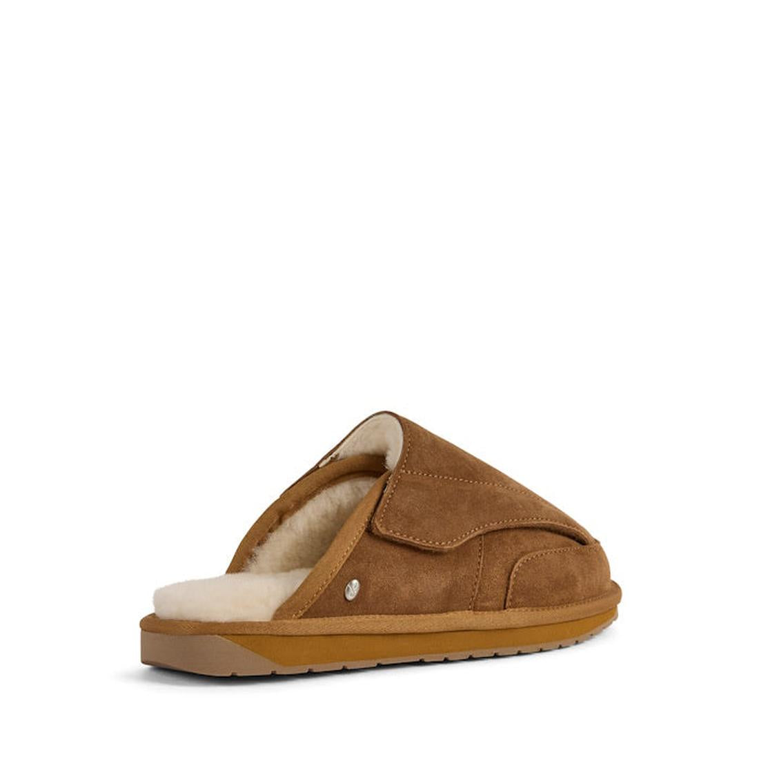 The EMU FlexiCare Wide Opening Sheepskin Scuff Chestnut Slipper, a unisex brown suede slipper with a tan rubber sole and plush cream lining, is shown at an angle on a white background., 9330071991091, 9330071991107, 9330071991114, 9330071991121, 933007199