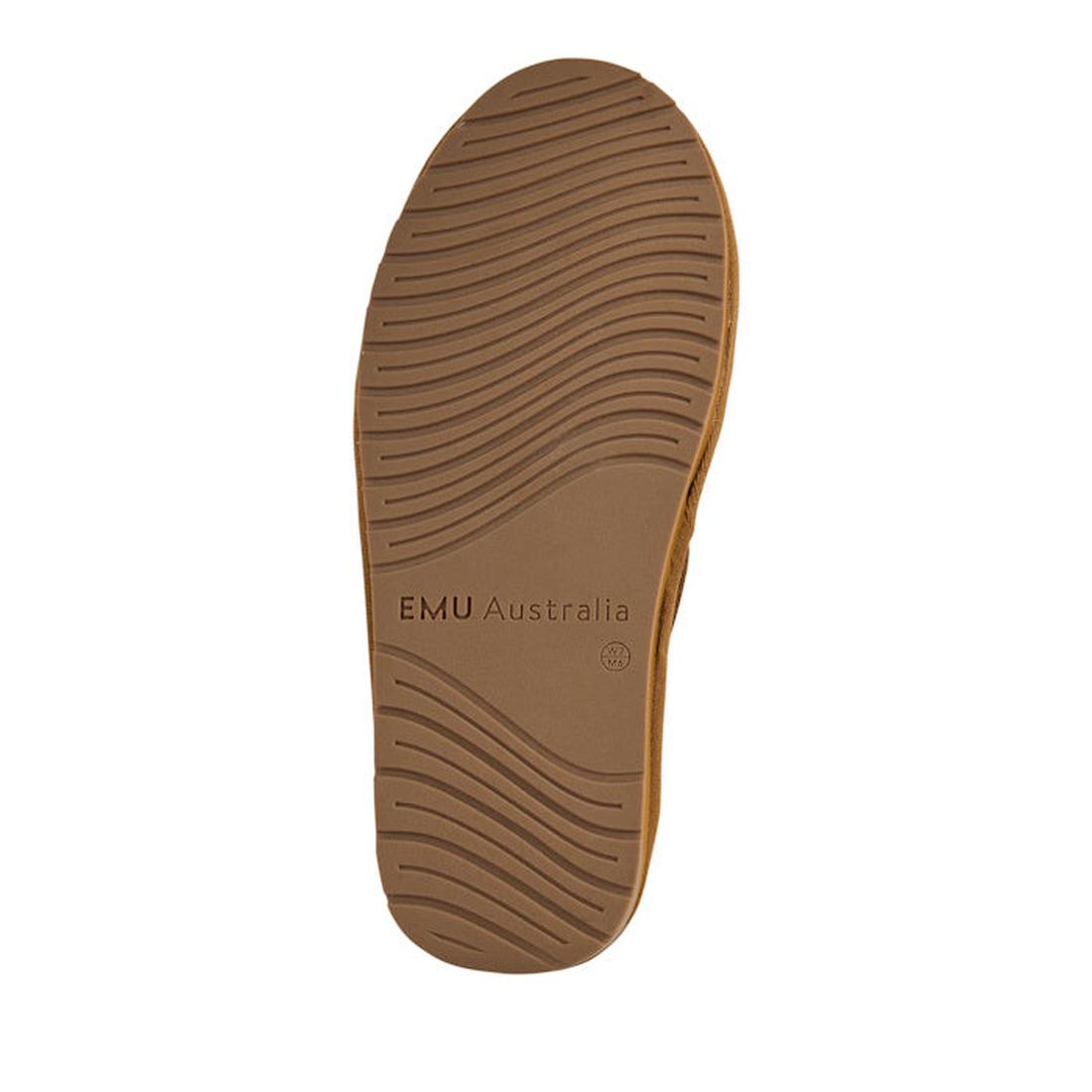 The sole of the EMU FlexiCare Wide Opening Sheepskin Scuff Chestnut Slipper features wavy tread patterns and "EMU Australia" embossed in the center, displayed against a plain white background., 9330071991091, 9330071991107, 9330071991114, 9330071991121, 9