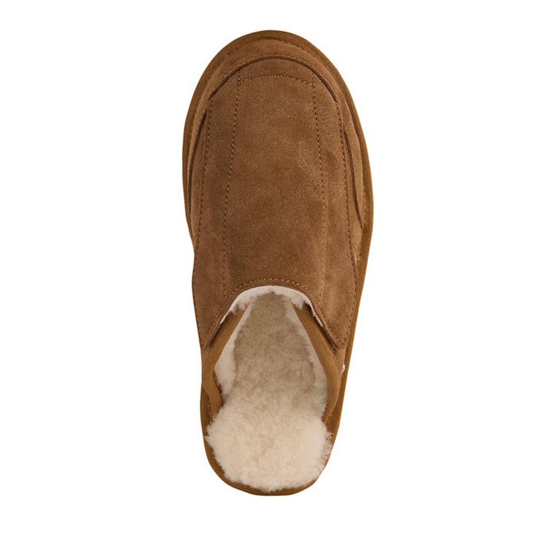 A top view of the EMU FlexiCare Wide Opening Sheepskin Scuff Chestnut Slipper in brown suede with a soft, white, fluffy lining, displayed on a white background., 9330071991091, 9330071991107, 9330071991114, 9330071991121, 9330071991138, 9330071991145, 525
