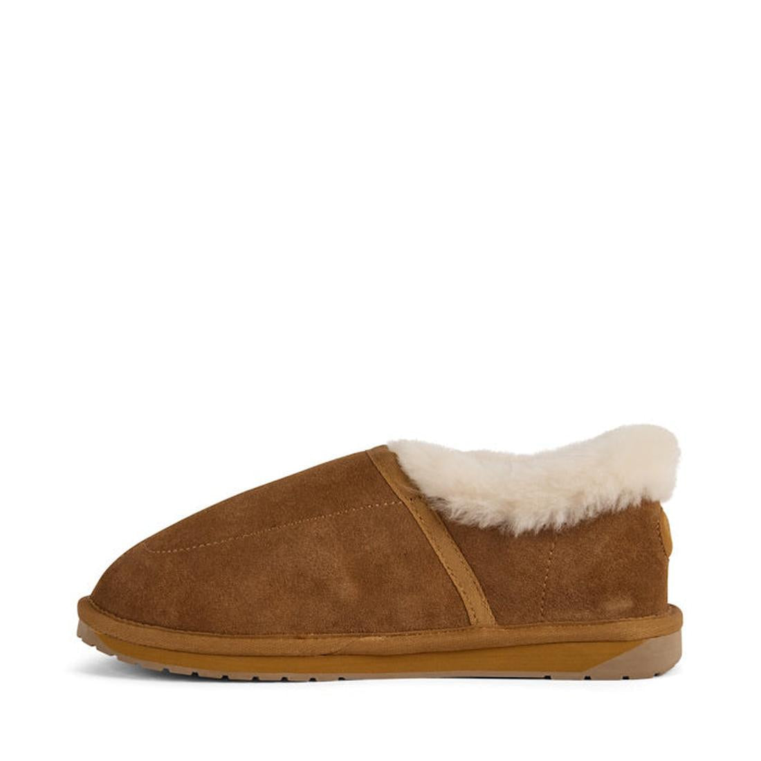 The EMU FlexiCare Wide Opening WIDE Width Sheepskin Slippers in Chestnut feature a brown suede upper, light tan rubber sole, plush white lining, and wide width for extra comfort, shown in side profile on a plain white background., 9330071991237, 933007199