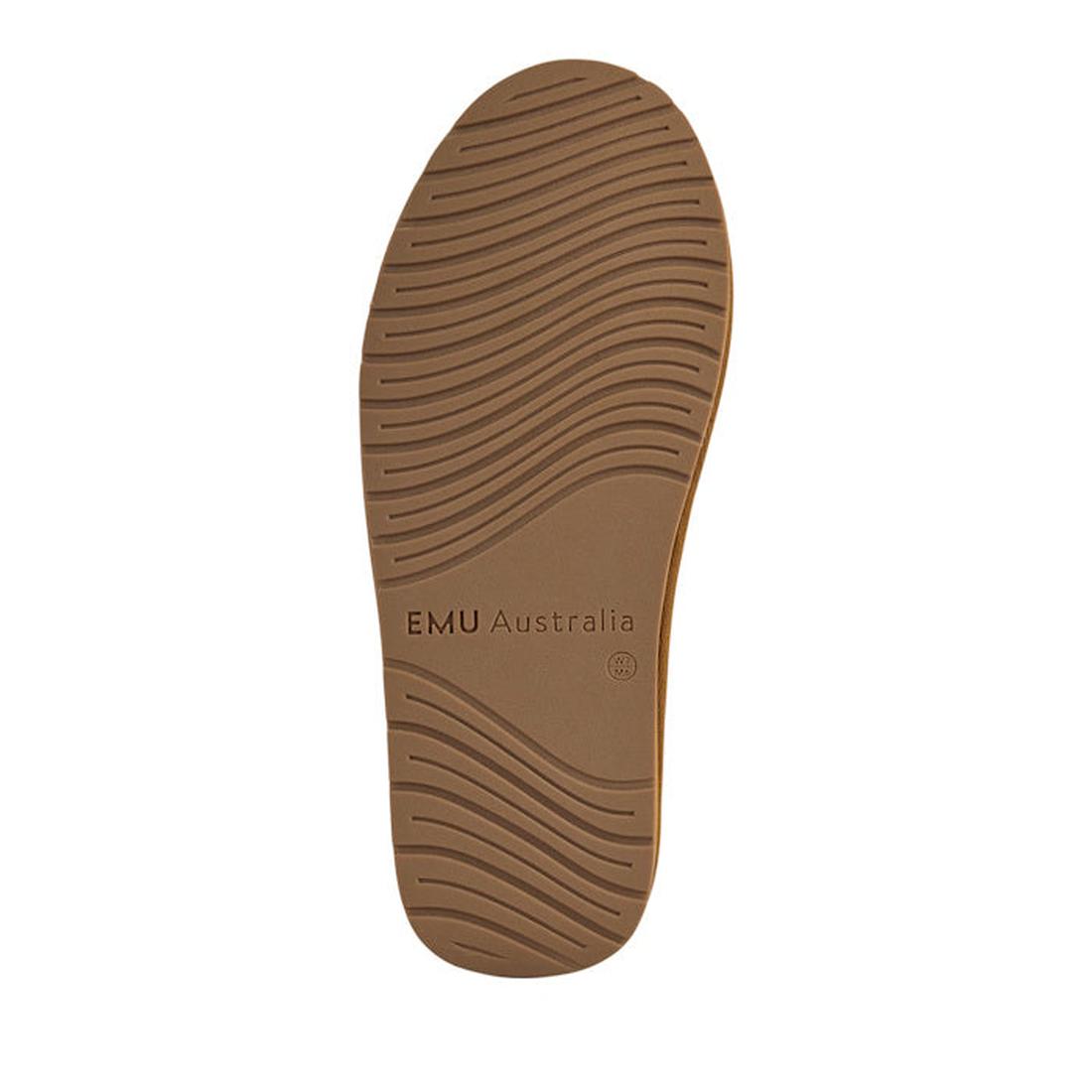 The image shows the sole of EMU FlexiCare Wide Opening WIDE Width Sheepskin Slippers in Chestnut, featuring brown rubber with wavy tread patterns and "EMU Australia" embossed in the center., 9330071991237, 9330071991244, 9330071991251, 9330071991268, 9330