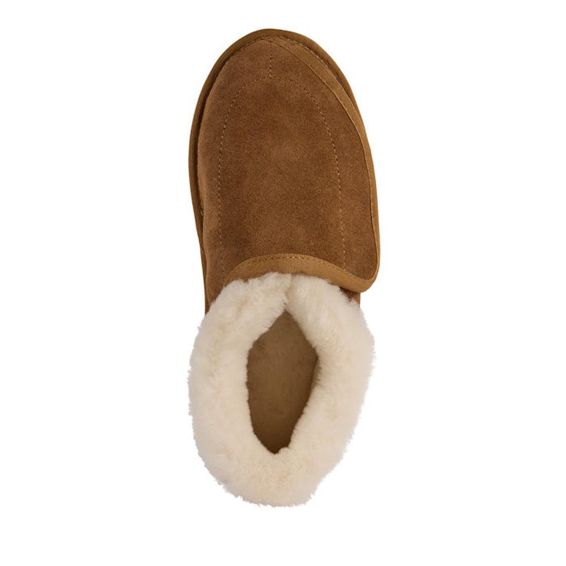 The EMU FlexiCare Wide Opening WIDE Width Sheepskin Slipper in Chestnut features a single rounded toe and white fluffy lining, viewed from above on a white background., 9330071991237, 9330071991244, 9330071991251, 9330071991268, 9330071991275, 93300719912